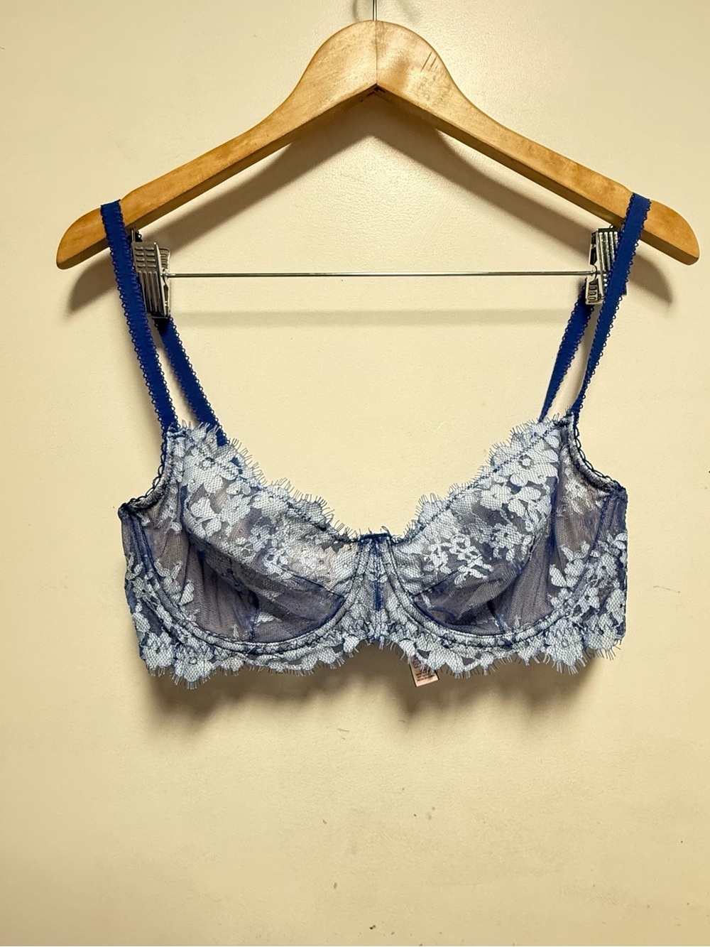 Victoria's Secret Sheer Light Blue Lace Underwire Bra with Royal Blue Straps